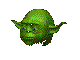 A rotating computer animated Yoda head