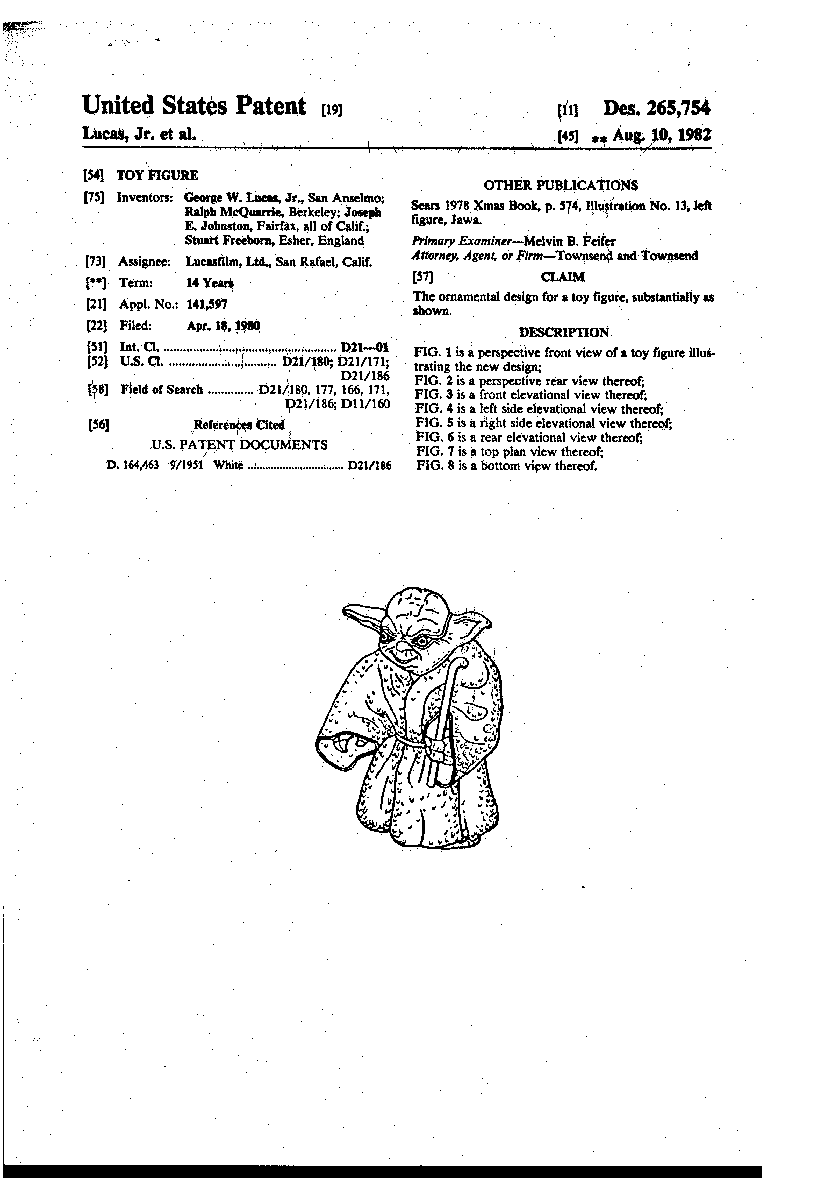Page one of three of the patent for the old Yoda toy