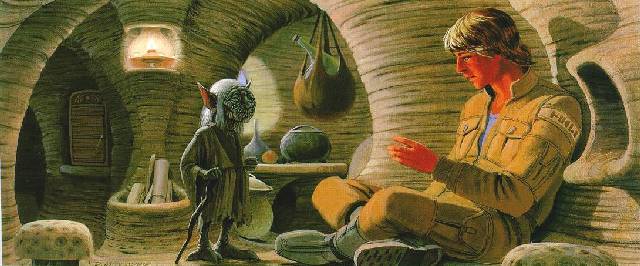 An illustration by Ralf McQuarrie of Yoda and Luke inside his hut