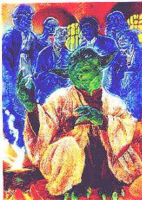 Yoda surrounded by a bunch of Ghosts on a card