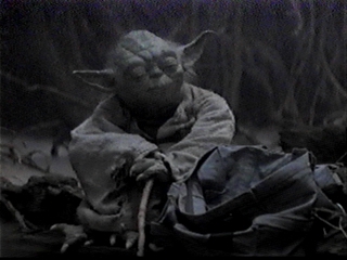 Yoda sitting by his backpack
