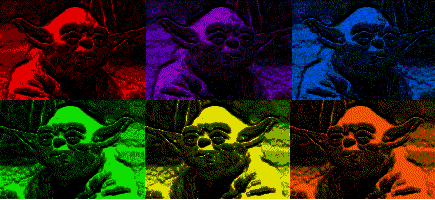 Red Yoda, Purple Yoda, Blue Yoda, Green Yoda, Yellow Yoda, Orange Yoda