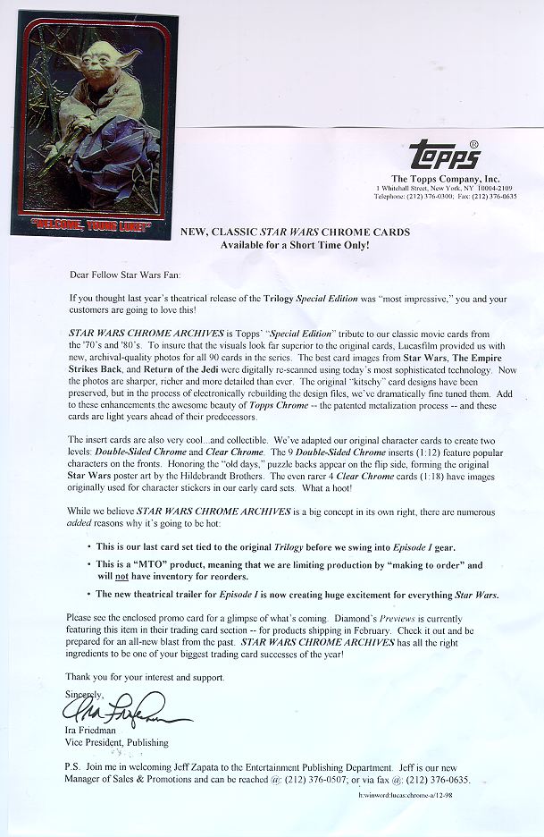 Letter from Topps Company announcing Star Wars chrome cards