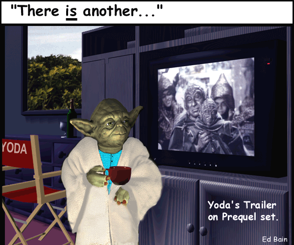 Toy Talk cartoon with Yoda's trailer on the Prequel set
