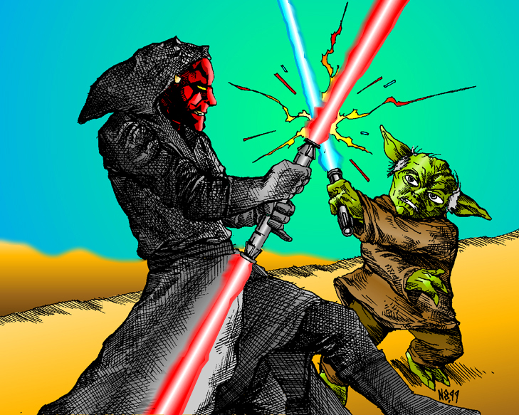 An illustration of Yoda fighting Darth Maul (courtesy of Counting Down)