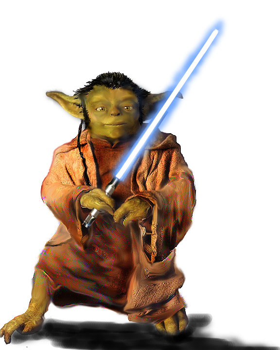 A young Yoda with a lightsaber