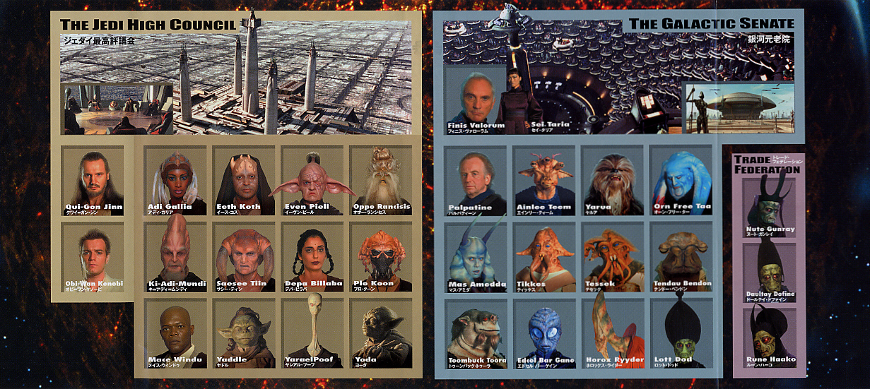 Image with head shots of all the Jedi Council members and some of the Galactic Senators