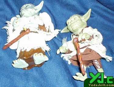 A comparison shot of the bottoms of the two 12' scale Yoda figures
