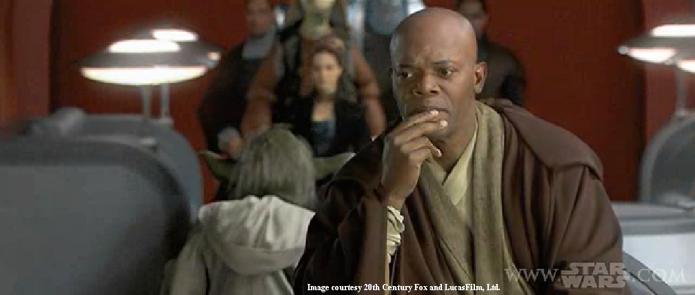 Mace Windu from an Attack of the Clones trailer (Yoda's head is visible in the background)