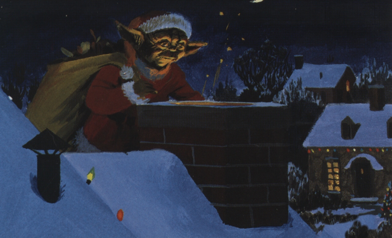 Yoda Claus getting ready to go down a chimney