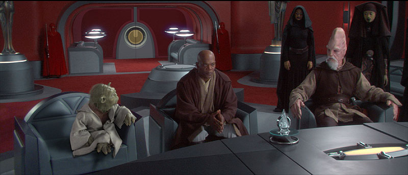 Another shot of Yoda, Mace, and Ki-Adi sitting in Palpatine's office (Attack of the Clones screenshot)