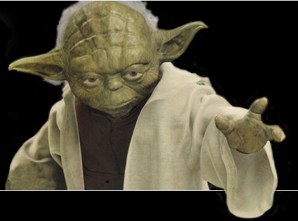 Yoda with his arm extended, ready to use the Force