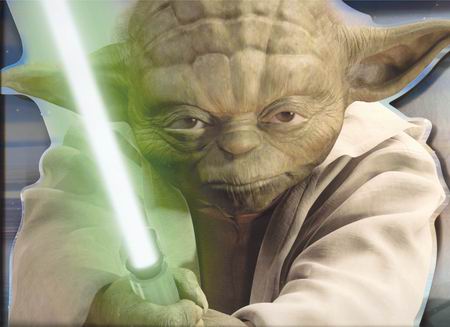 Yoda with his lightsaber extended