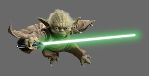 Revenge of the Sith Yoda flying through the air with his lightsaber
