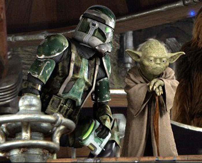 Yoda talking to the green clonetrooper on Kashyyyk