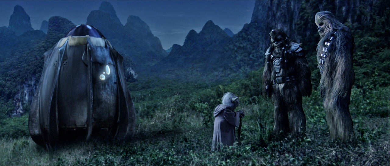 Yoda saying goodbye to the Wookiees as he enters his transport