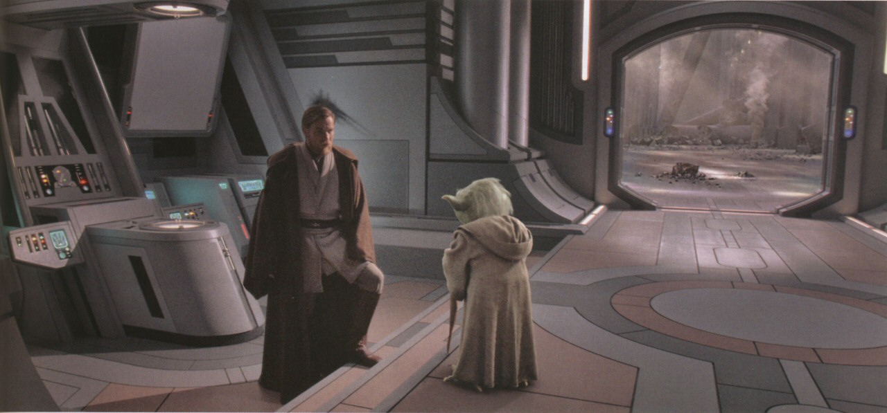 Yoda looking on as Obi-Wan checks the holo security camera