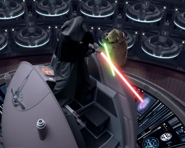 Yoda and Palpatine dueling in the middle of the Senate