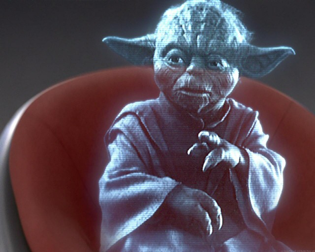 Yoda's hologram in his chair at the Jedi Council