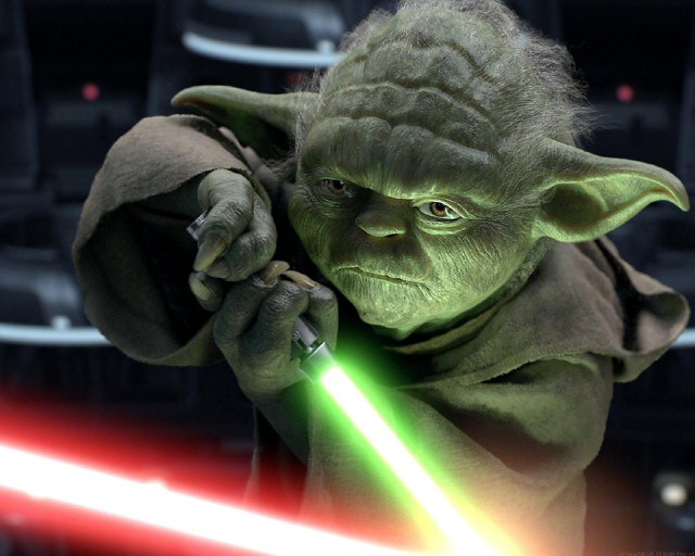 Yoda defending against Sidious's attack