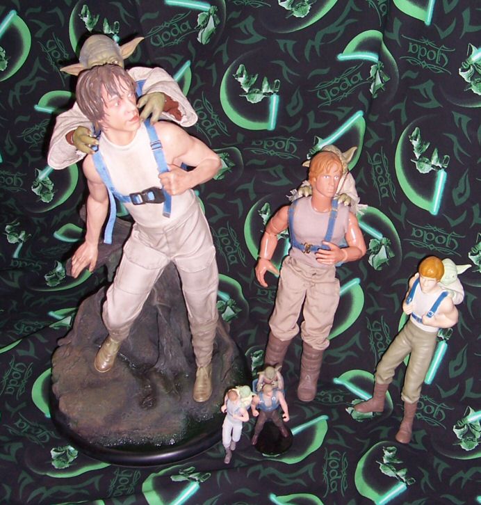 Various figurines of Yoda riding in Luke's backpack