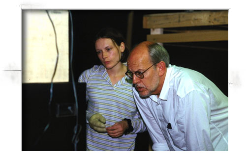 [Frank Oz and Kathy Smee reviewing a videotape of their work]