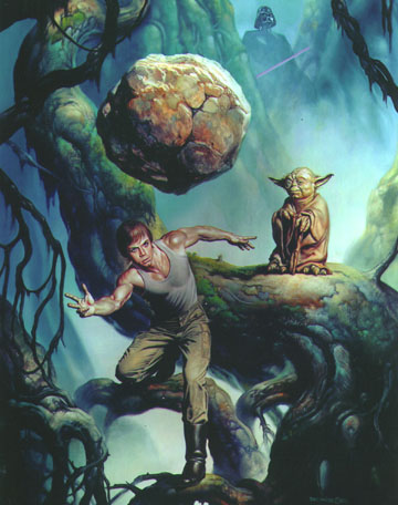 Luke levitating a rock, Yoda in the background (illustration)