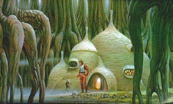 An illustration by Ralf McQuarrie of Luke and Yoda outside his hut