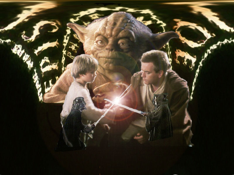 Episode I wallpaper with Yoda, Darth, Anakin, and Obi-Wan (both Sir Alec Guiness and Ewan McGregor)