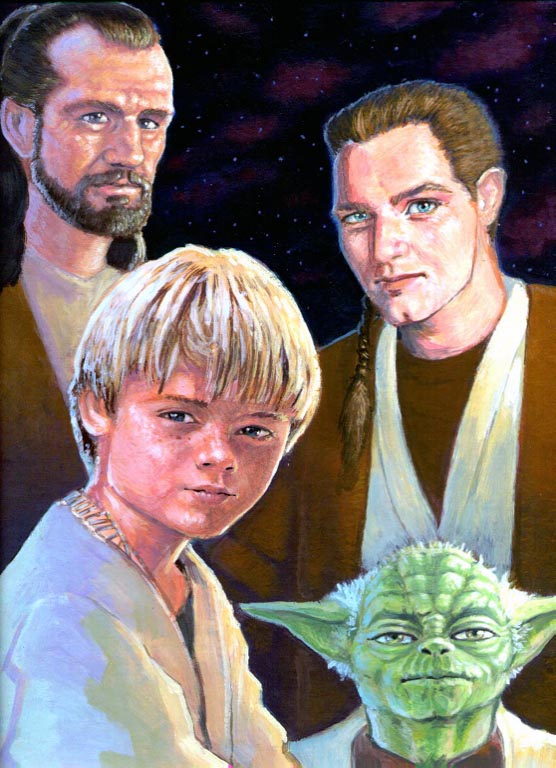 Illustration of Yoda, Obi-Wan, Qui-Gon, and Anakin