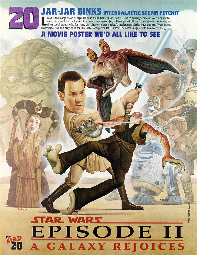 MAD Magazine spoof of Jar-Jar getting his head cut off, other characters smiling