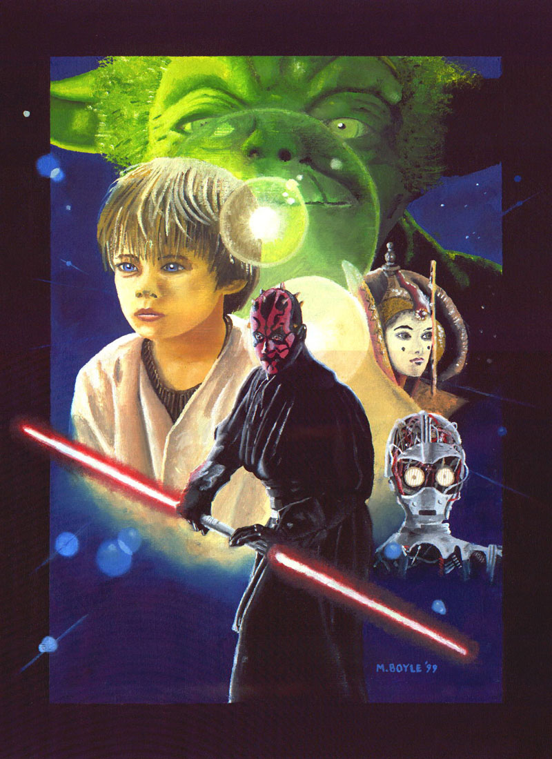 Painting of Episode I characters in a movie poster format