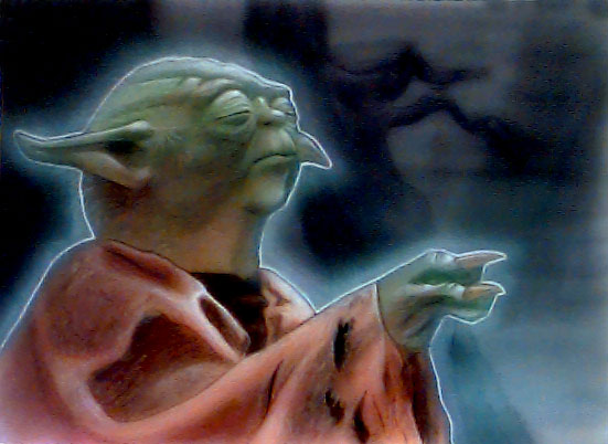 Illustration of Yoda while lifting the X-Wing out of the swamp