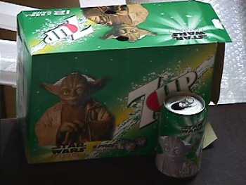 New Zealand 7-Up 12-pack of cans and box with Yoda on it