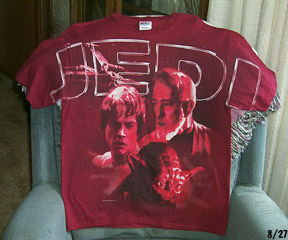 Red 'Jedi' shirt with Yoda, Obi-Wan and Luke