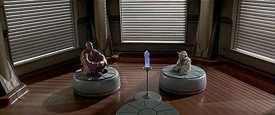 Mace Windu and Yoda receive a hologram message from Obi-Wan (Attack of the Clones screenshot)