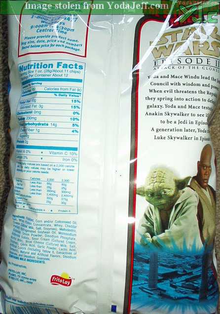 Yoda and Mace Windu on the back of a potato chip bag