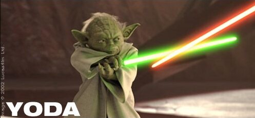Yoda with his lightsaber (from Attack of the Clones)
