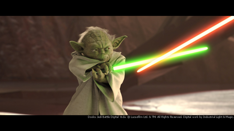Yoda with his lightsaber clashing against Dooku's (from Attack of the Clones)