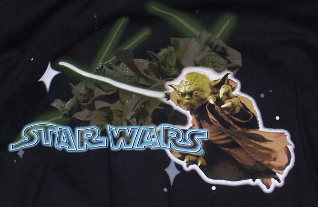 Jumping Yoda with lightsaber shirt - logo