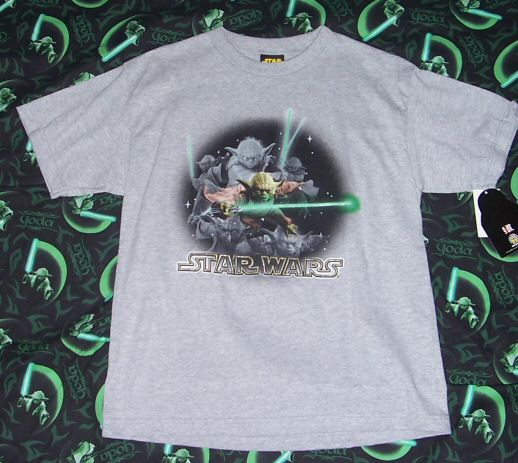 Gray Yoda with lightsaber shirt