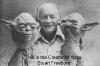 A picture of Stuart Freeborn (creater of Yoda puppet) with Yodas - 376x250
